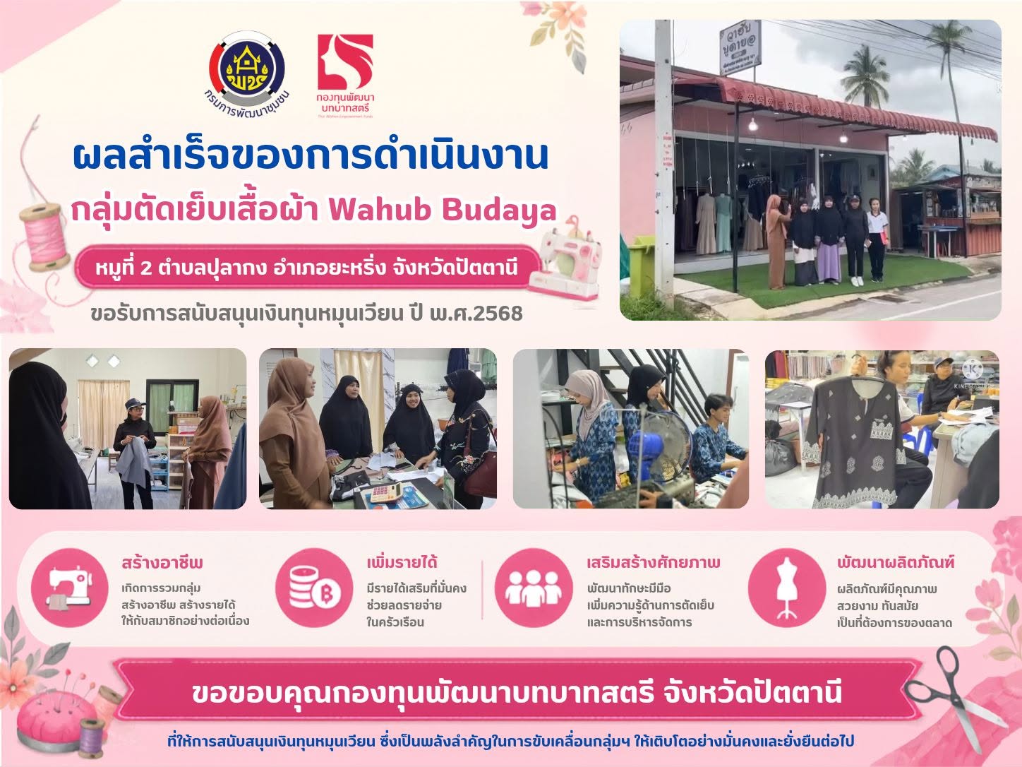 ผลสำเร็จการดำเนินงานกองทุนพัฒนาบทบาทสตรี โครงการตัดเย็บเสื้อผ้า Wahub Budaya หมู่ที่ 2 ตำบลปุลากง อำเภอยะหริ่ง จังหวัดปัตตานี