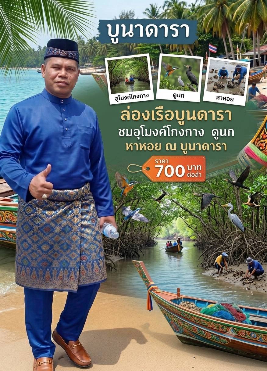 ชุมชนท่องเที่ยวเชิงอนุรักษ์บูนาดารา ม.1 ต.ตะโละกาโปร์   กิจกรรมล่องเรือชมธรรมชาติกับบูนาดารา