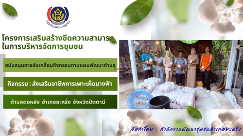 โครงการเสริมสร้างขีดความสามารถในการบริหารจัดการชุมชน กิจกรรมส่งเสริมอาชีพการเพาะเห็ดนางฟ้า ตำบลตอหลัง อำเภอยะหริ่ง จังหวัดปัตตานี